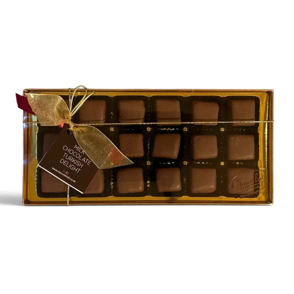 Chocolat in Kirkby Lonsdale milk chocolate Turkish Delight gift box of 18 with a gold ribbon and decorative tag