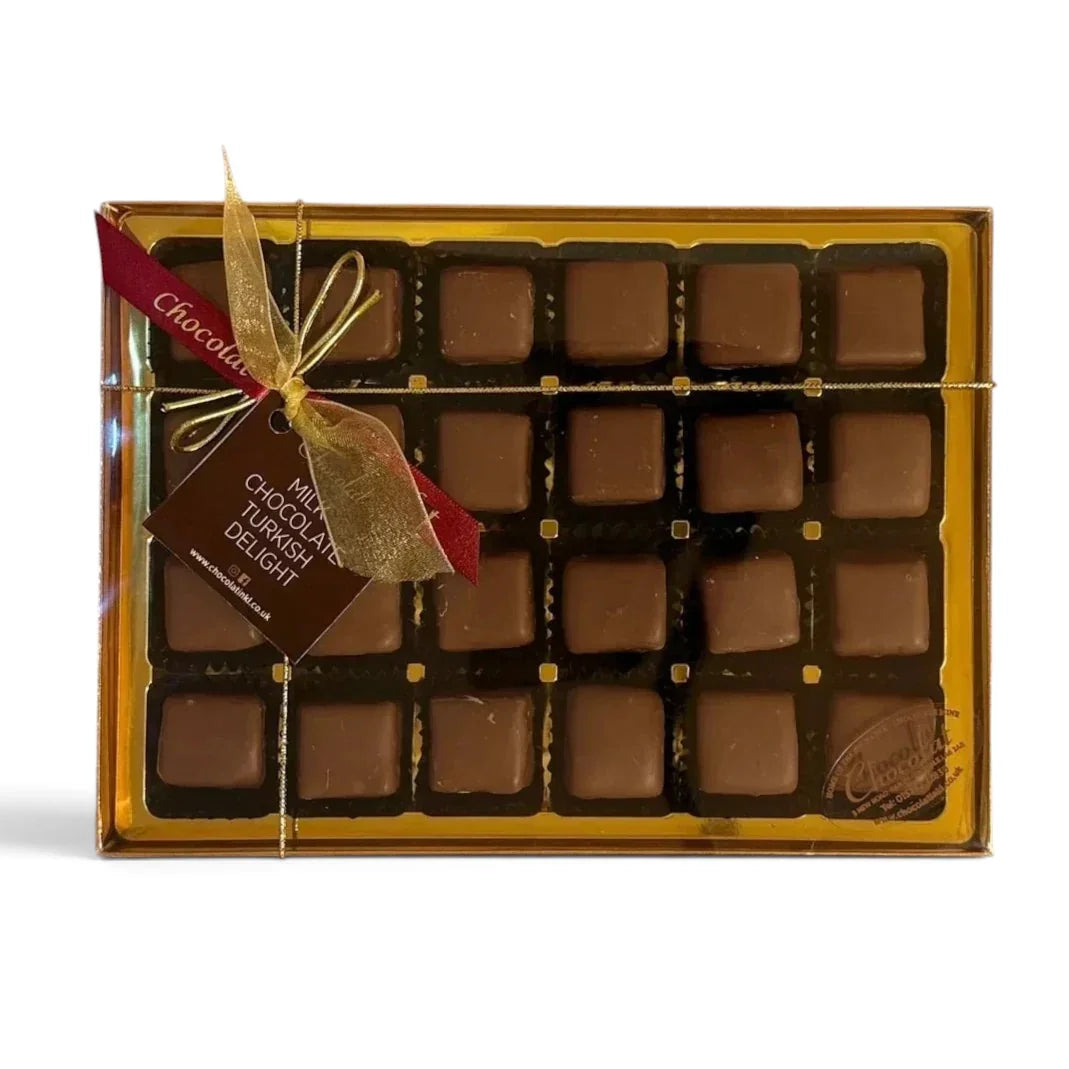 Chocolat in Kirkby Lonsdale gift box of 24 milk chocolate covered rose Turkish delight pieces with a gold ribbon.