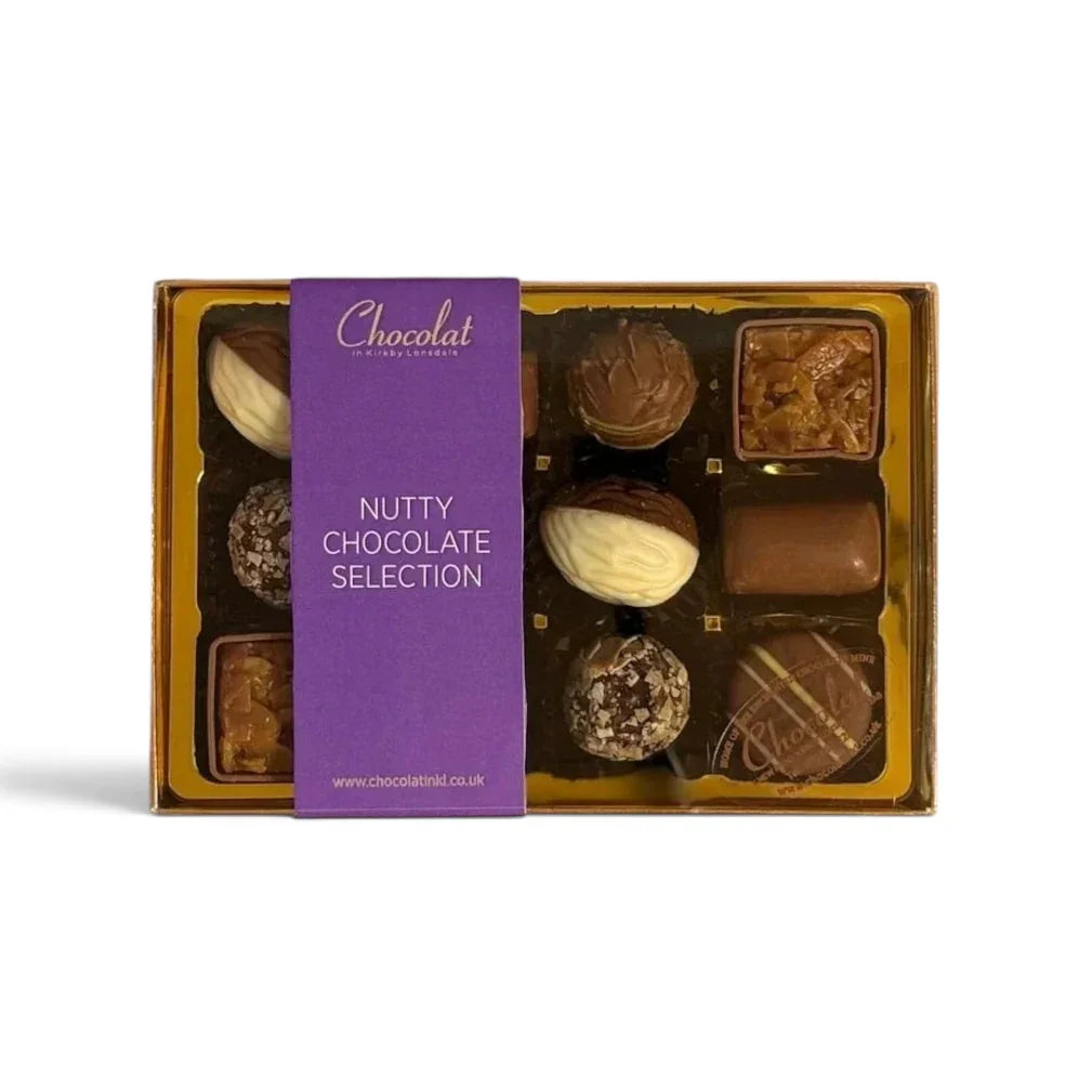 Chocolat in Kirkby Lonsdale Nutty Chocolate Selection gift box featuring 12 assorted gourmet nut-filled chocolates.