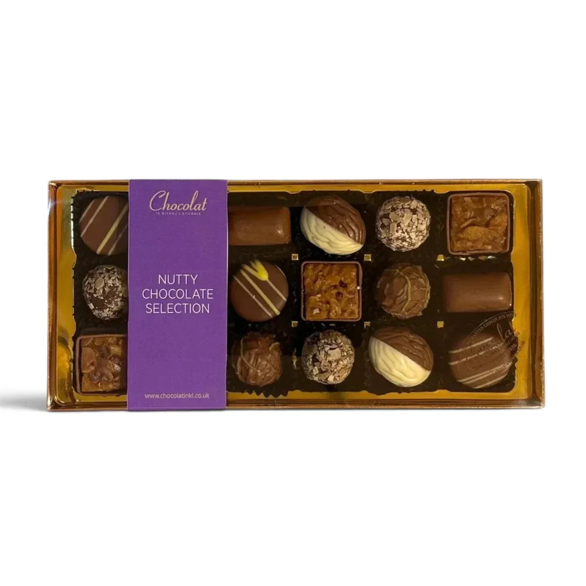 Chocolat in Kirkby Lonsdale Nutty Chocolate Selection gift box featuring 18 assorted handcrafted nutty chocolates.