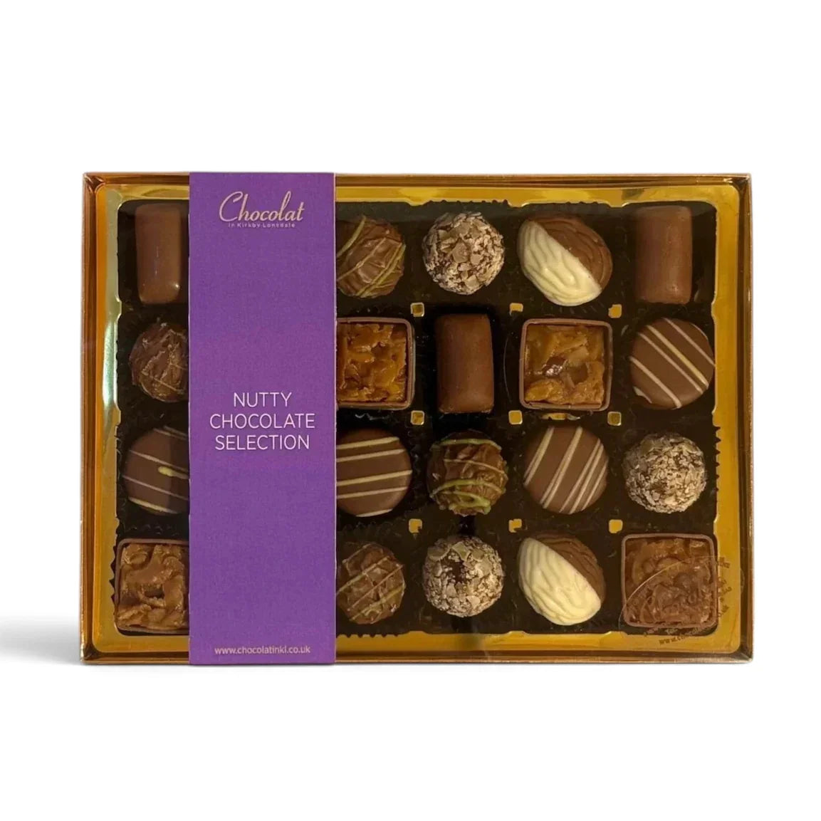 Chocolat in Kirkby Lonsdale Nutty Chocolate Selection gift box featuring 24 assorted nut-infused truffles and pralines.