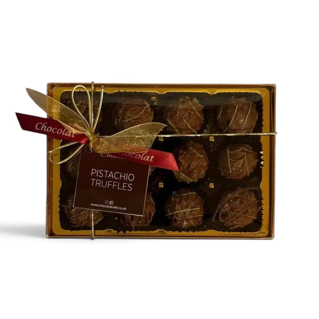 Chocolat in Kirkby Lonsdale gift box of 12 milk chocolate pistachio truffles with gold ribbon and branded label