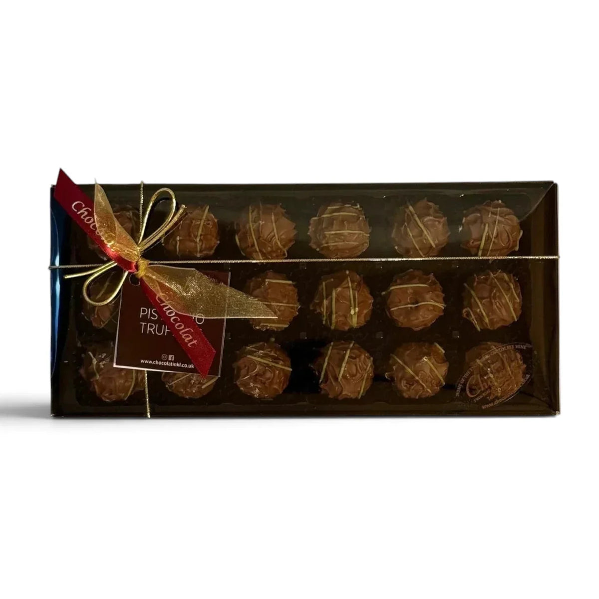Chocolat in Kirkby Lonsdale gift box of 18 handcrafted milk chocolate pistachio truffles with a gold ribbon.
