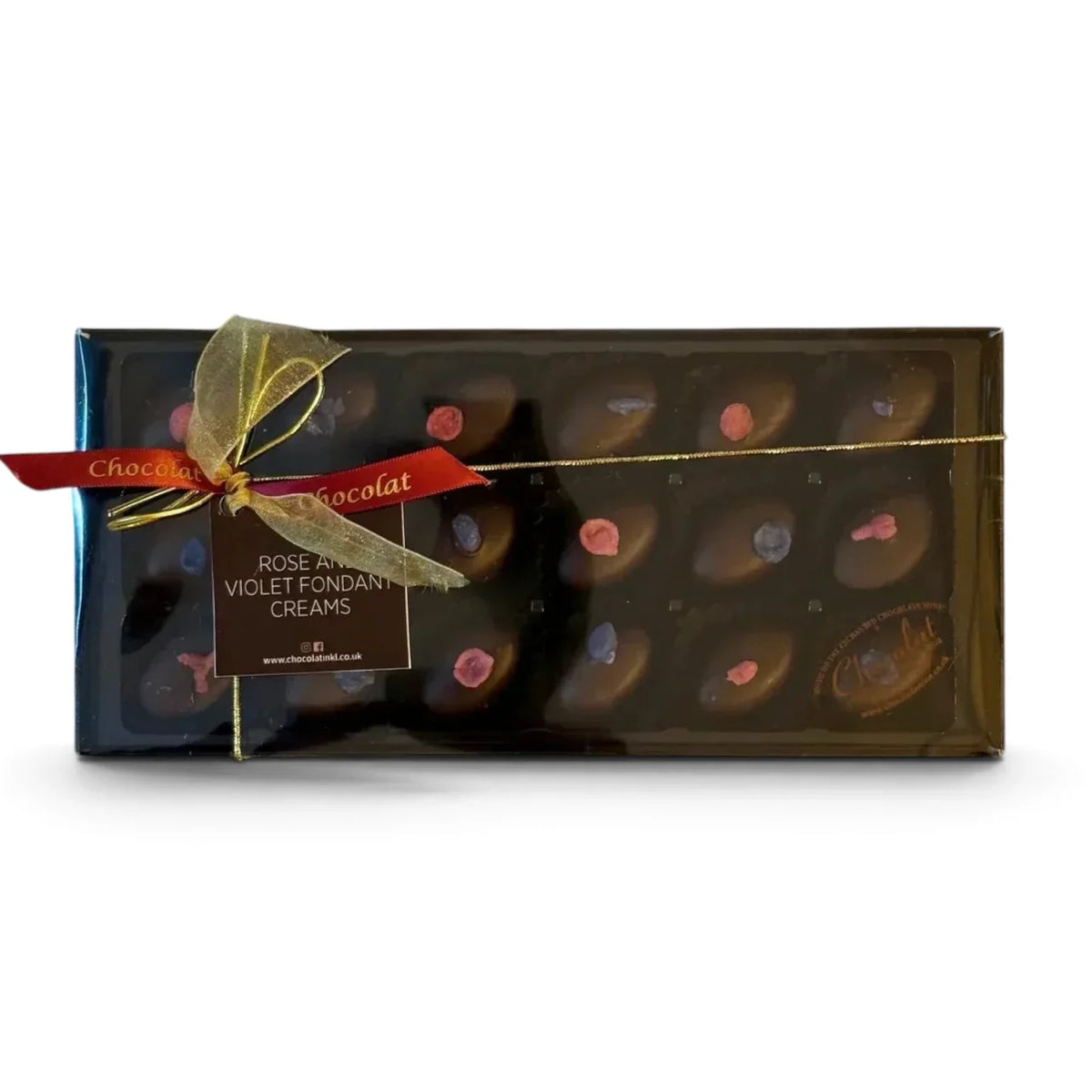 Chocolat in Kirkby Lonsdale gift box of 18 dark chocolate rose and violet fondant creams with decorative ribbon.