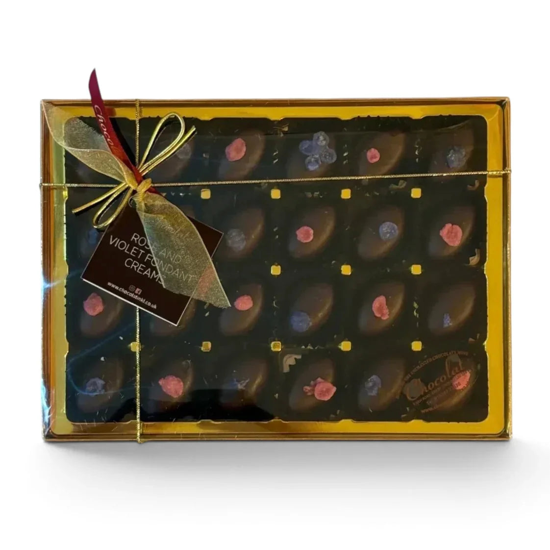 Chocolat in Kirkby Lonsdale gift box of 24 dark chocolate rose and violet fondant creams with floral decorations