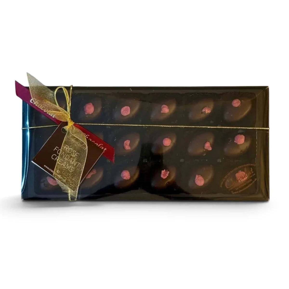 Chocolat in Kirkby Lonsdale gift box of 18 dark chocolate rose fondant creams with pink petal decorations.