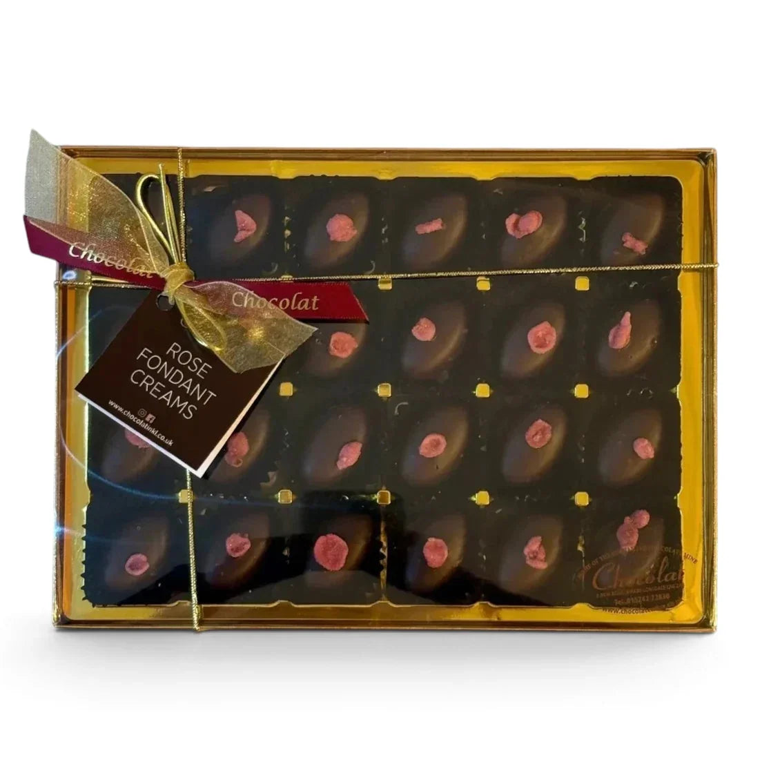 Chocolat in Kirkby Lonsdale gift box of 24 dark chocolate rose fondant creams with pink petal garnish and gold ribbon