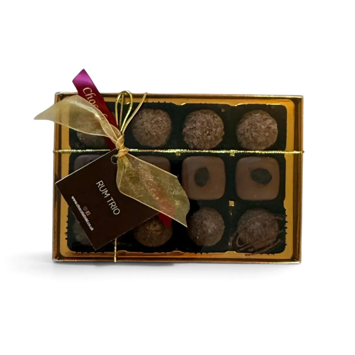 Chocolat in Kirkby Lonsdale Rum Trio gift box containing 12 assorted dark and milk chocolate rum truffles with ribbon