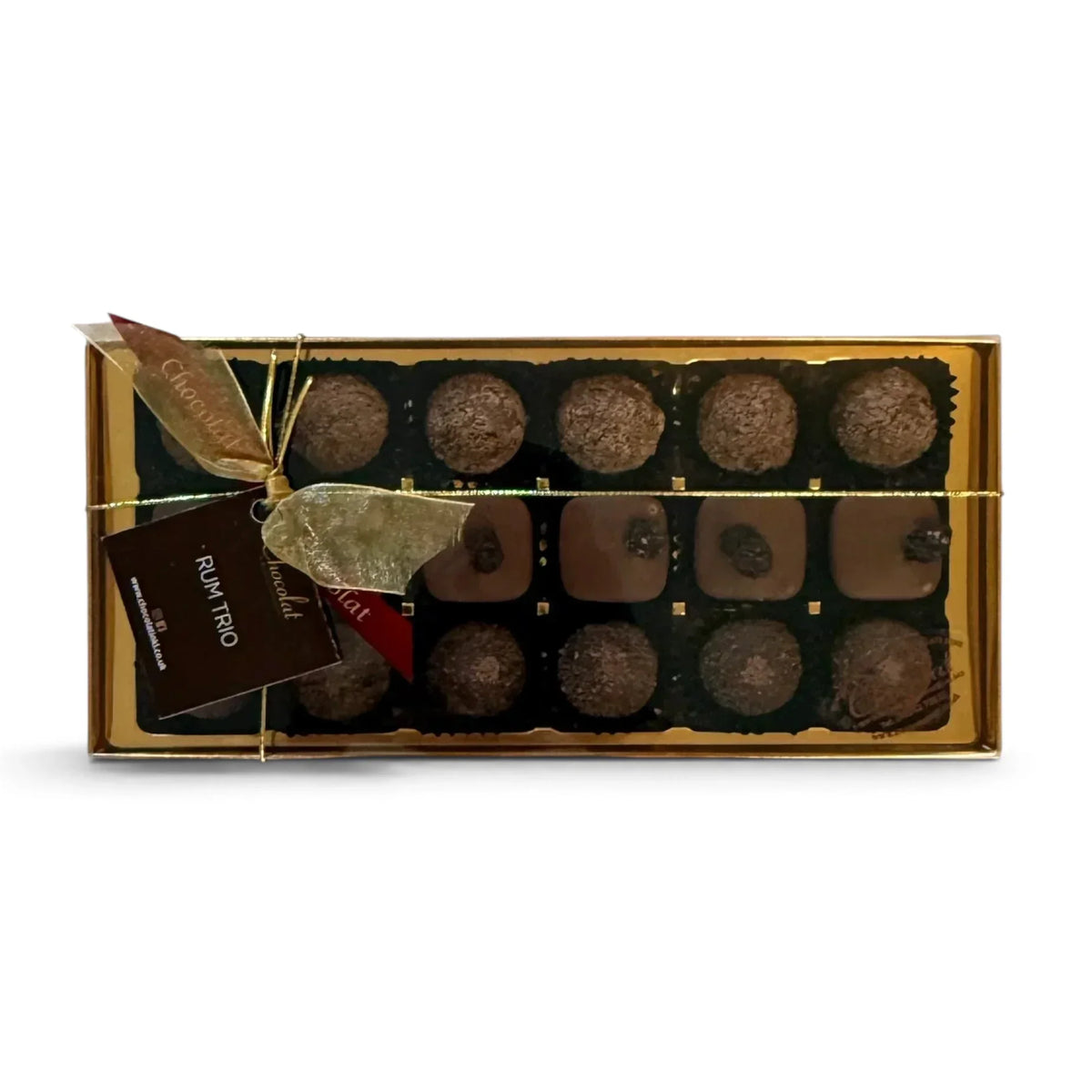 Chocolat in Kirkby Lonsdale Rum Trio gift box containing 18 assorted dark and milk chocolate rum truffles and ganache.