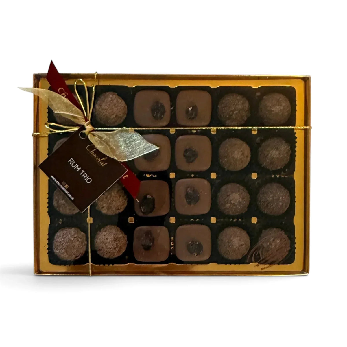 Chocolat in Kirkby Lonsdale Rum Trio gift box containing 24 assorted dark and milk chocolate rum truffles and ganache