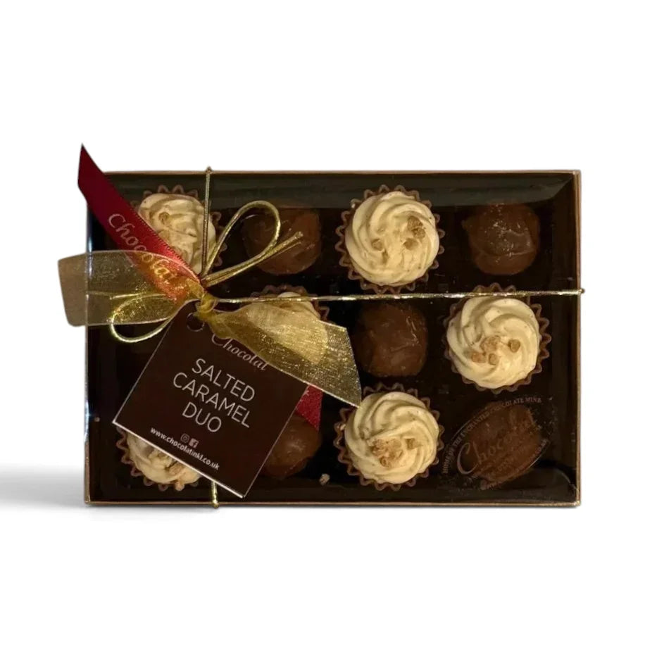 Chocolat in Kirkby Lonsdale Salted Caramel Duo gift box with six truffles and six cupcakes tied with a gold ribbon.