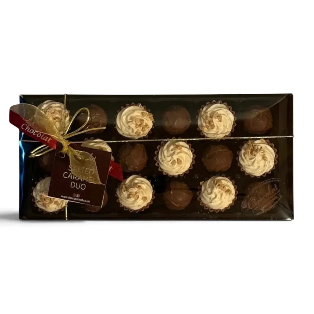 Chocolat in Kirkby Lonsdale Salted Caramel Duo gift box containing 18 assorted chocolate truffles and cupcakes.