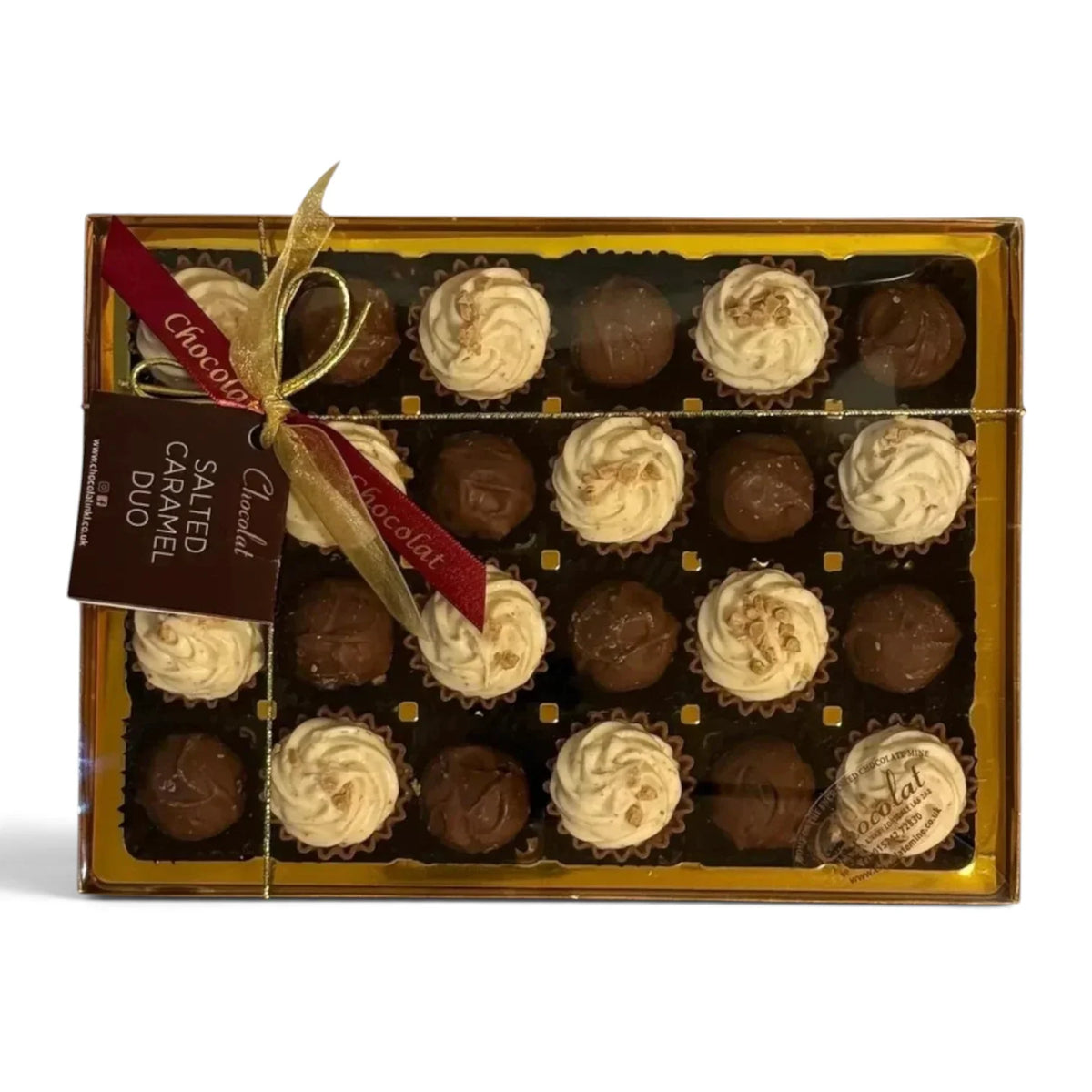 Chocolat in Kirkby Lonsdale Salted Caramel Duo gift box featuring 24 assorted chocolate truffles and cupcakes.