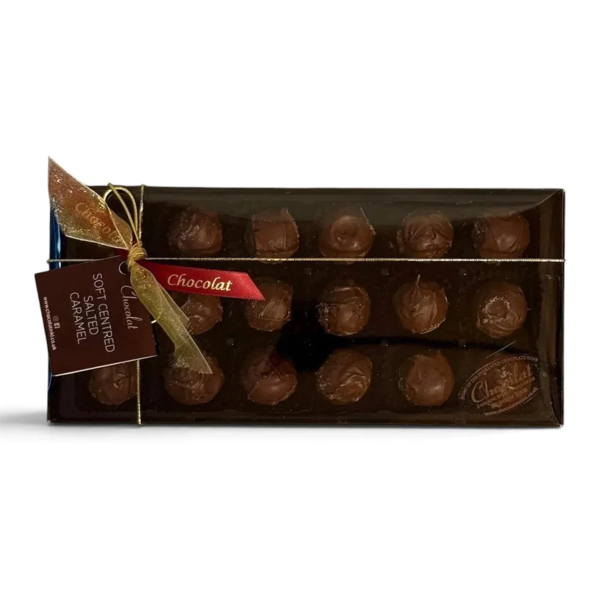 Chocolat in Kirkby Lonsdale gift box of 18 milk chocolate salted caramel truffles with a decorative gold ribbon