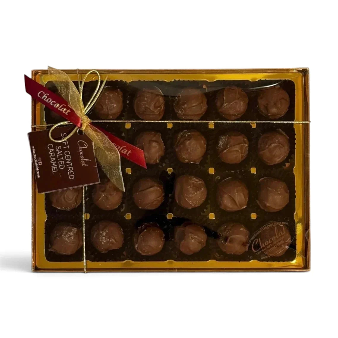Chocolat in Kirkby Lonsdale gift box of 24 handcrafted milk chocolate salted caramel truffles with a ribbon bow