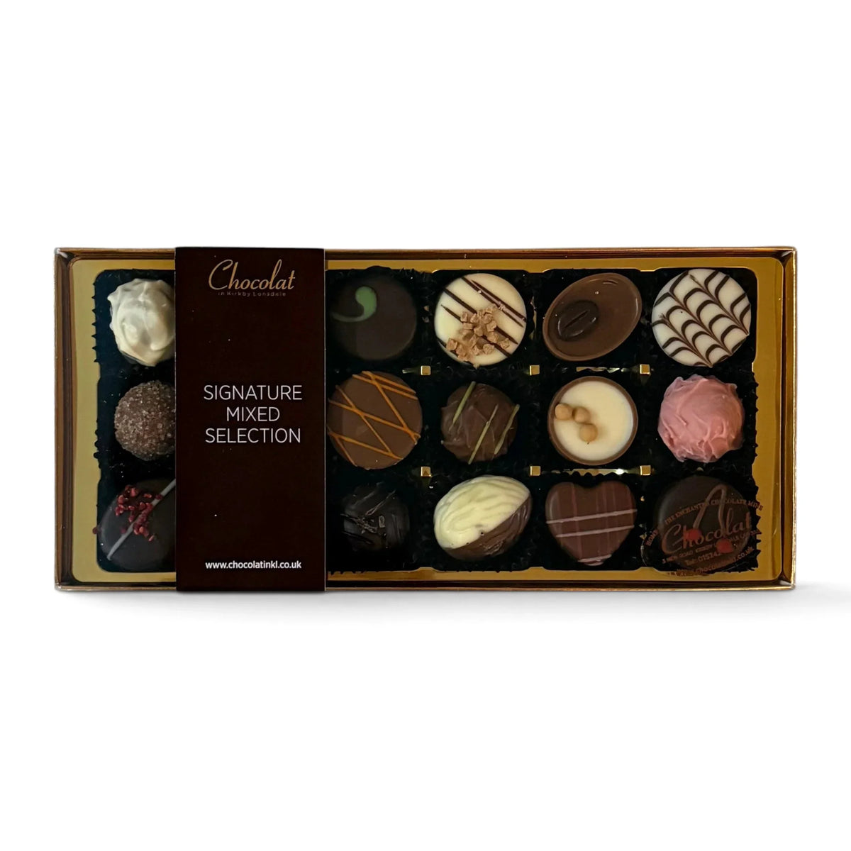 Chocolat in Kirkby Lonsdale Signature Mixed Selection gift box containing 18 assorted luxury chocolates.