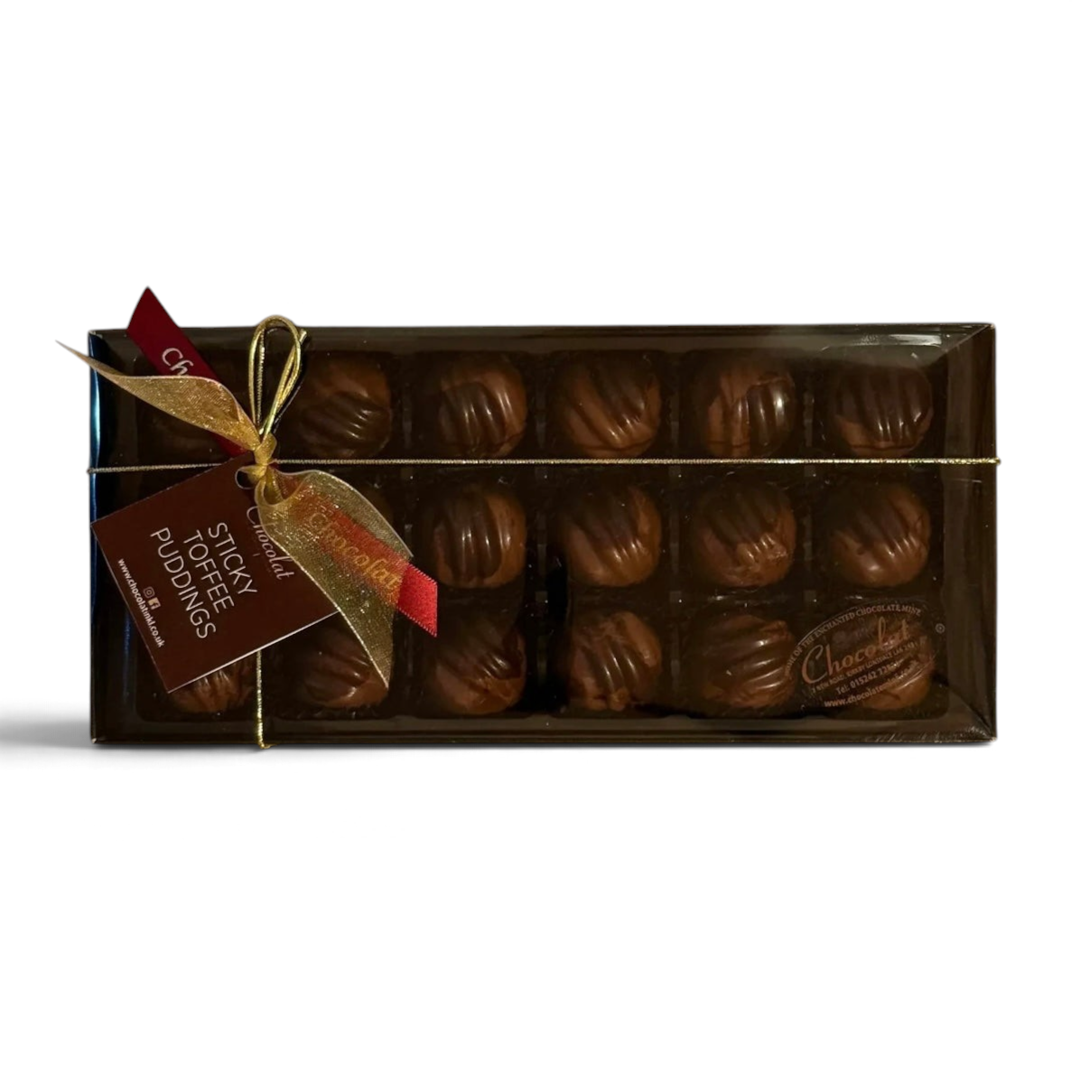 Chocolat in Kirkby Lonsdale gift box of 18 milk chocolate sticky toffee pudding truffles with gold ribbon