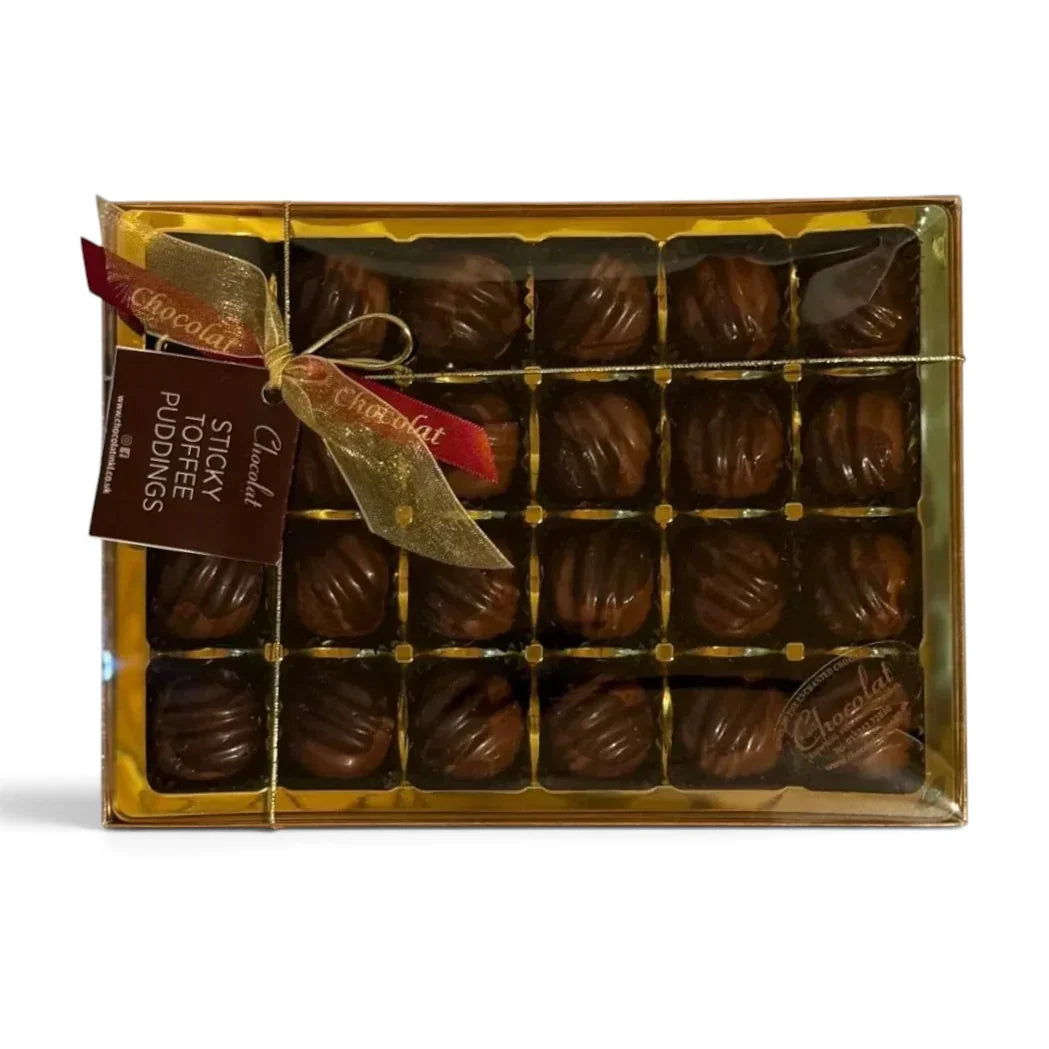 Chocolat in Kirkby Lonsdale gift box of 24 milk chocolate sticky toffee puddings with caramel and spiced centers