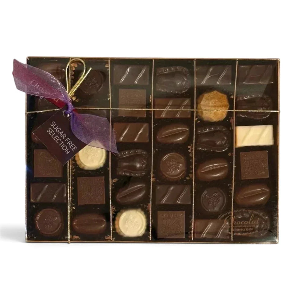 Chocolat in Kirkby Lonsdale sugar-free chocolate gift box with 35 assorted artisan dark, milk, and white chocolates.