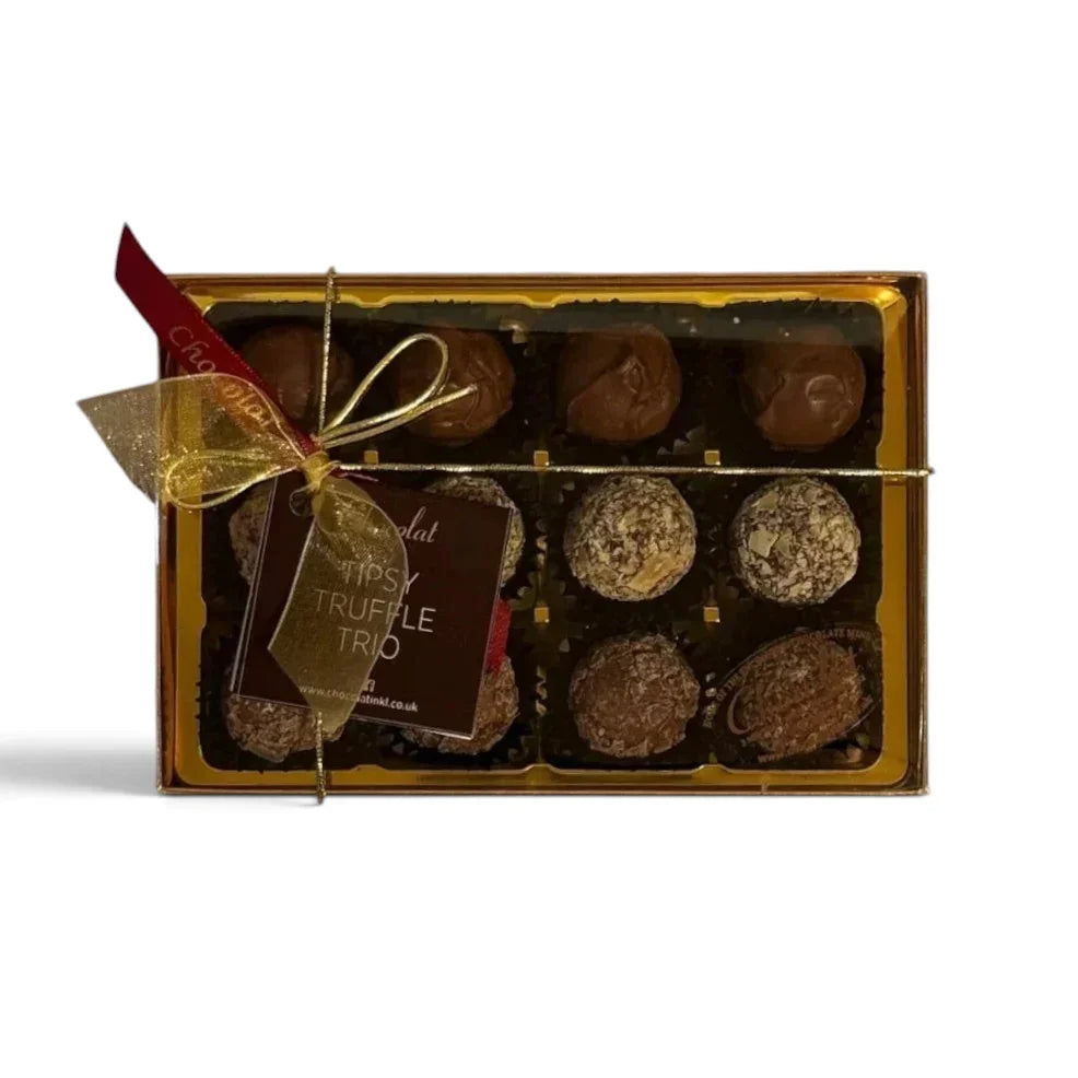 Chocolat in Kirkby Lonsdale Tipsy Truffle Trio gift box featuring 12 assorted alcohol-infused chocolate truffles.