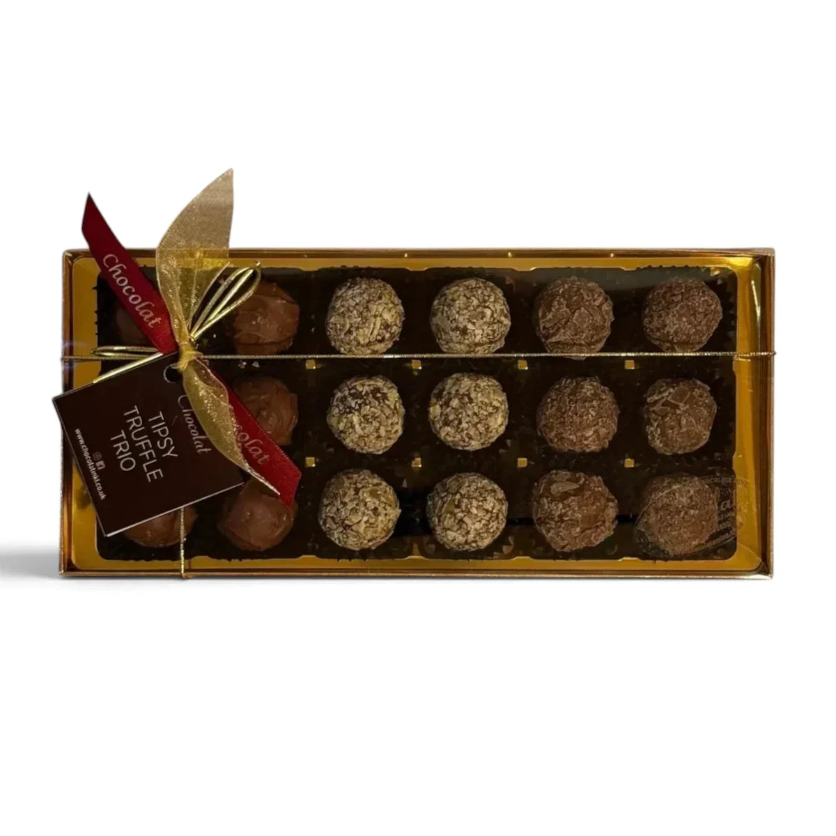 Chocolat in Kirkby Lonsdale Tipsy Truffle Trio gift box containing 18 assorted milk and dark chocolate boozy truffles.