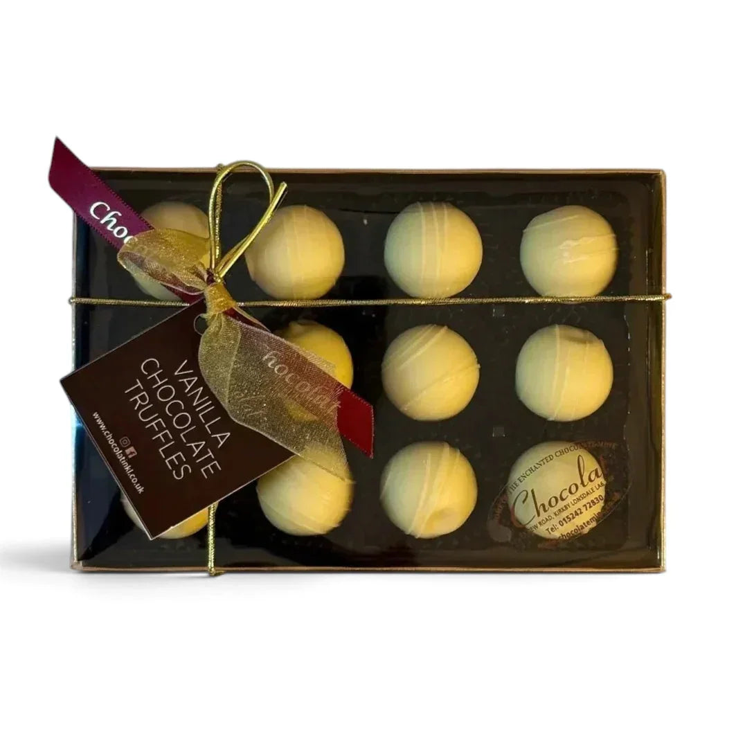 Chocolat in Kirkby Lonsdale gift box of 12 white chocolate vanilla truffles with a decorative ribbon and tag.