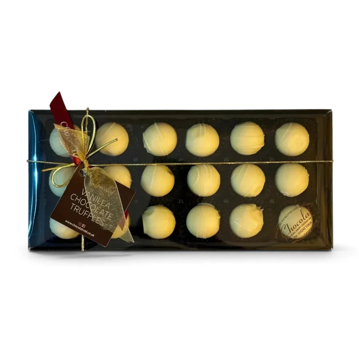 Chocolat in Kirkby Lonsdale gift box of 18 white chocolate vanilla truffles with a gold ribbon and branded tag.