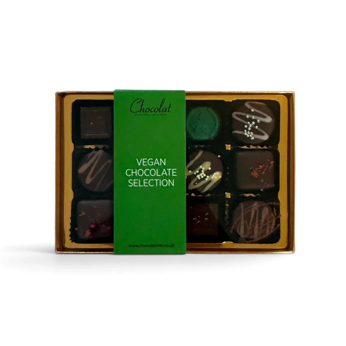 Chocolat in Kirkby Lonsdale vegan chocolate selection gift box featuring 12 assorted plant-based gourmet chocolates.