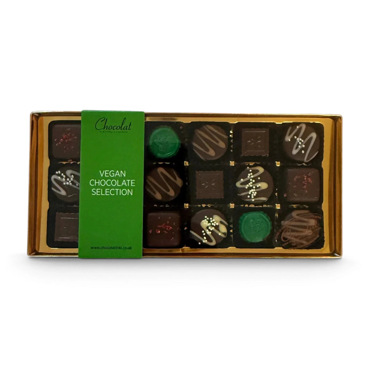 Chocolat in Kirkby Lonsdale vegan chocolate gift box featuring 18 assorted handcrafted plant-based chocolates.
