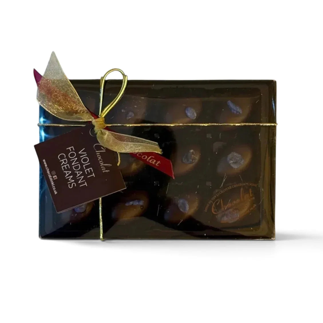 Chocolat in Kirkby Lonsdale gift box of 12 dark chocolate violet fondant creams with gold ribbon and branded tag