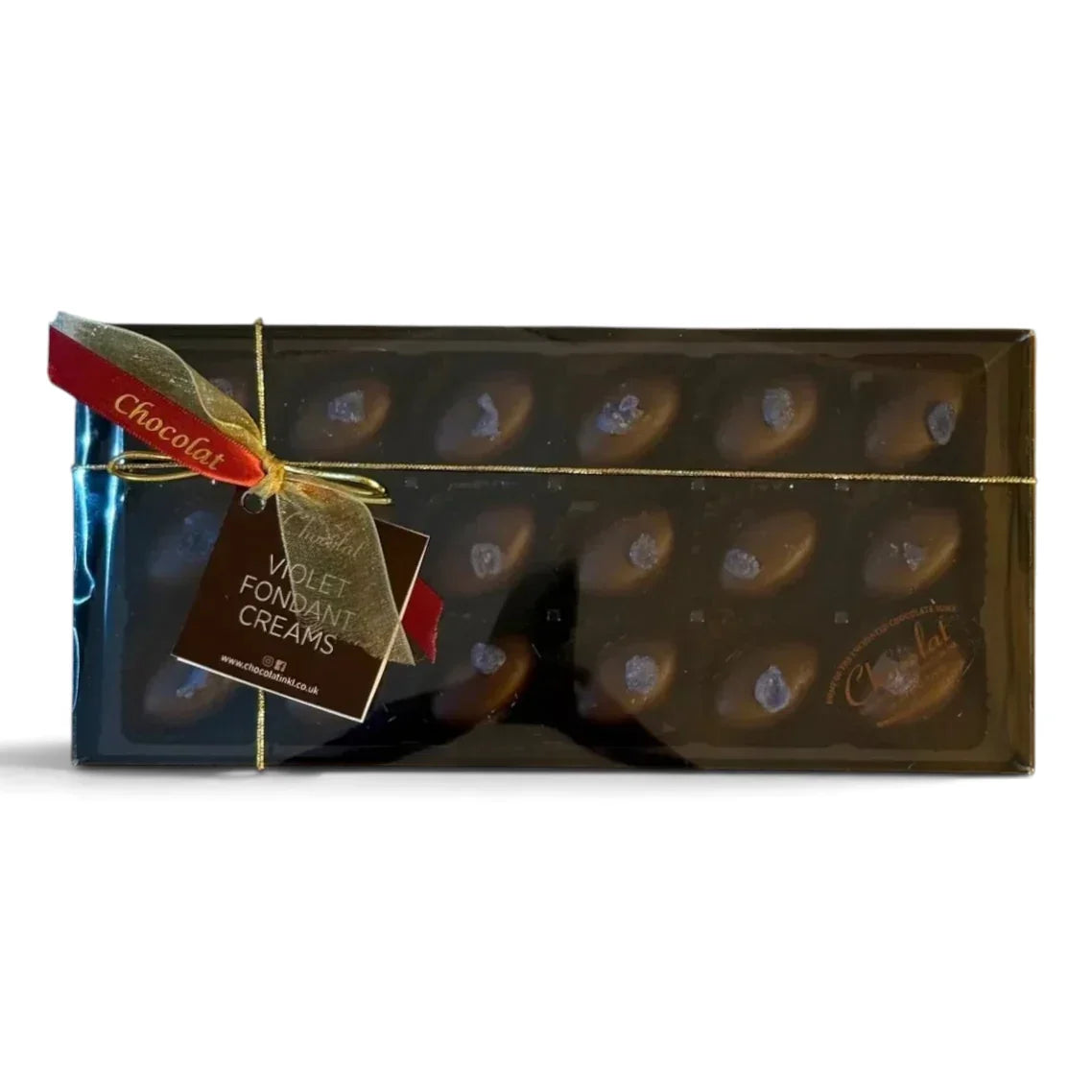 Chocolat in Kirkby Lonsdale gift box of 18 dark chocolate violet fondant creams with a decorative ribbon