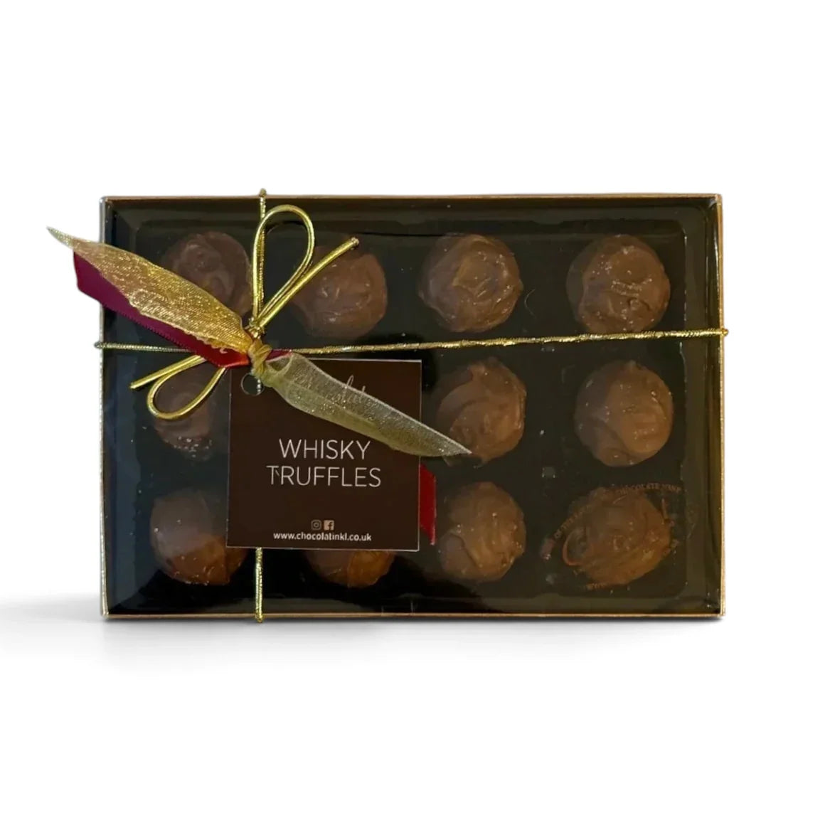 Chocolat in Kirkby Lonsdale gift box of 12 milk chocolate whisky truffles with a gold ribbon and branded label.