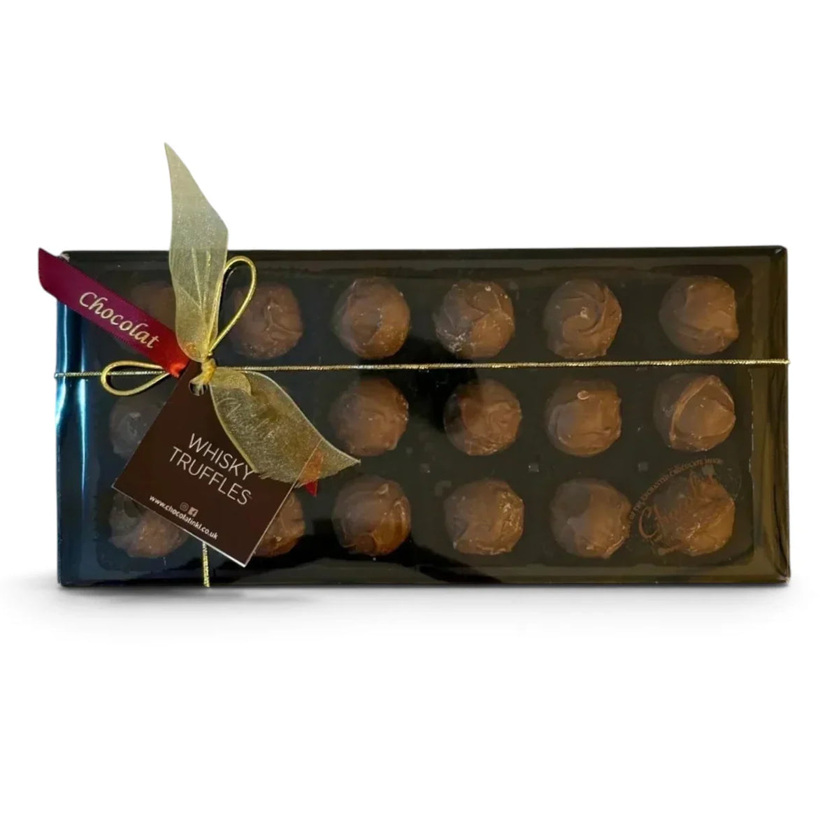 Chocolat in Kirkby Lonsdale gift box of 18 milk chocolate whisky truffles with a gold ribbon and branded tag