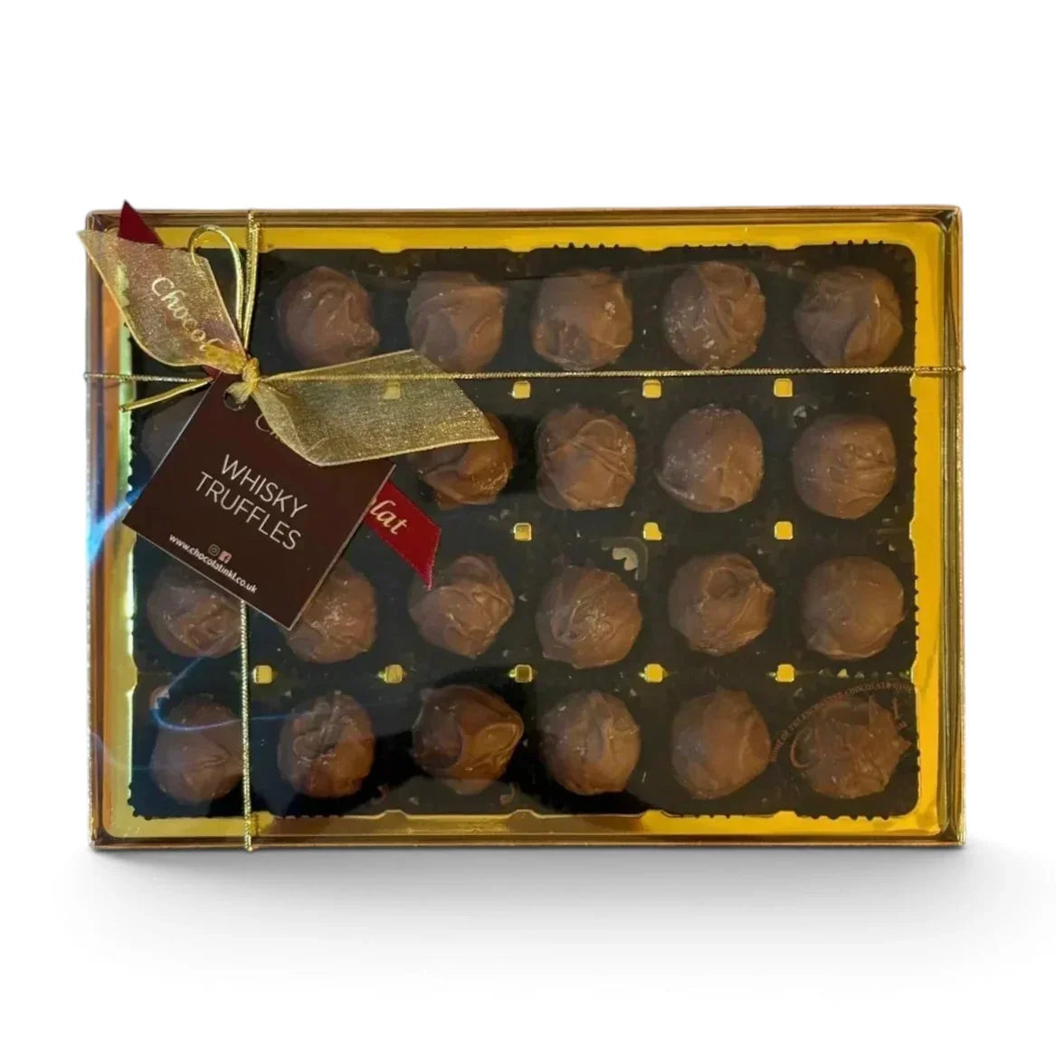 Chocolat in Kirkby Lonsdale gift box of 24 milk chocolate whisky truffles with a gold ribbon and branded gift tag.