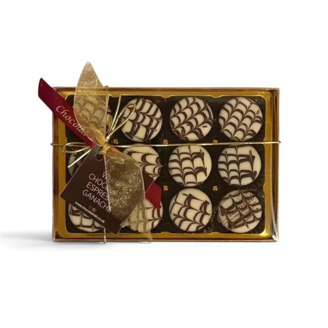 Chocolat in Kirkby Lonsdale gift box of 12 white chocolate espresso ganache truffles with dark chocolate drizzle