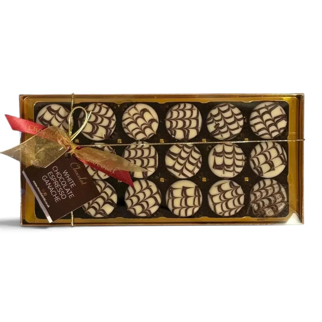 Chocolat in Kirkby Lonsdale gift box of 18 white chocolate espresso ganache truffles with dark chocolate drizzle