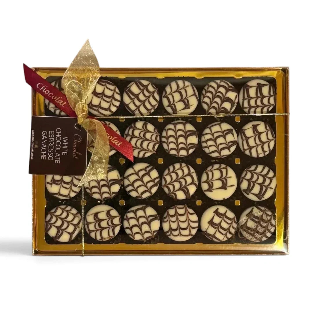 Chocolat in Kirkby Lonsdale gift box of 24 white chocolate espresso ganache truffles with dark chocolate drizzle