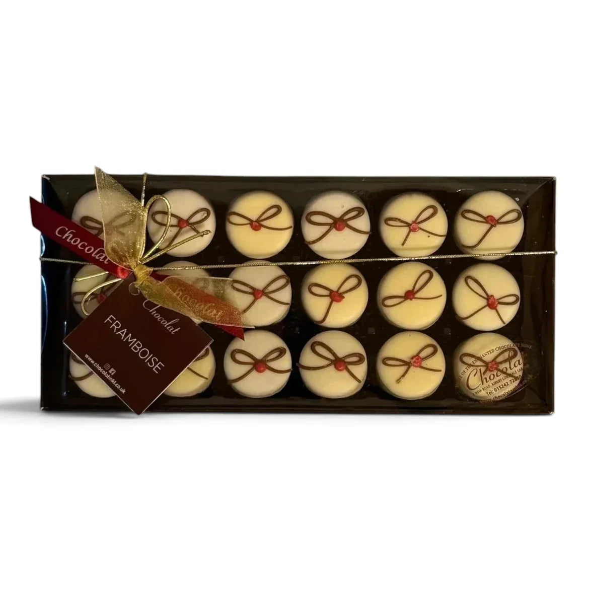 Chocolat in Kirkby Lonsdale gift box of 18 white chocolate framboise truffles with decorative chocolate bows