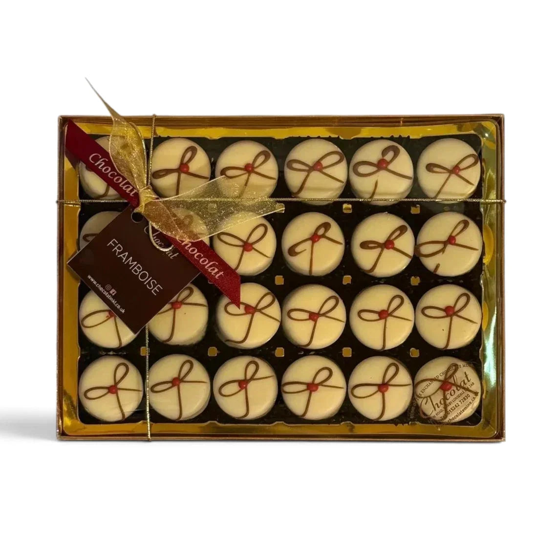 Chocolat in Kirkby Lonsdale gift box of 24 white chocolate framboise truffles with raspberry ganache and gold ribbon