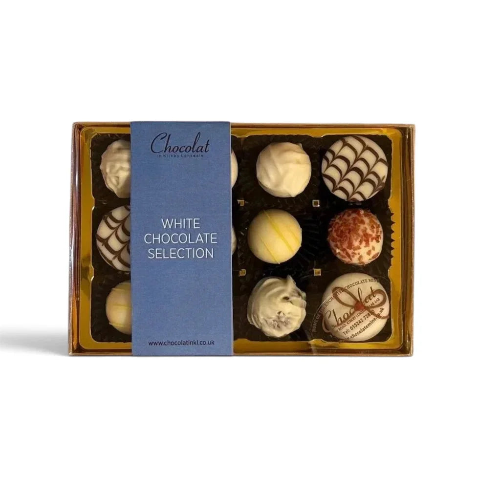 Chocolat in Kirkby Lonsdale white chocolate selection gift box featuring 12 assorted gourmet truffles in a gold tray.