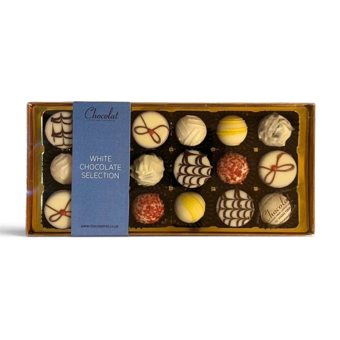 Chocolat in Kirkby Lonsdale white chocolate selection gift box containing 18 assorted gourmet truffles and ganaches.