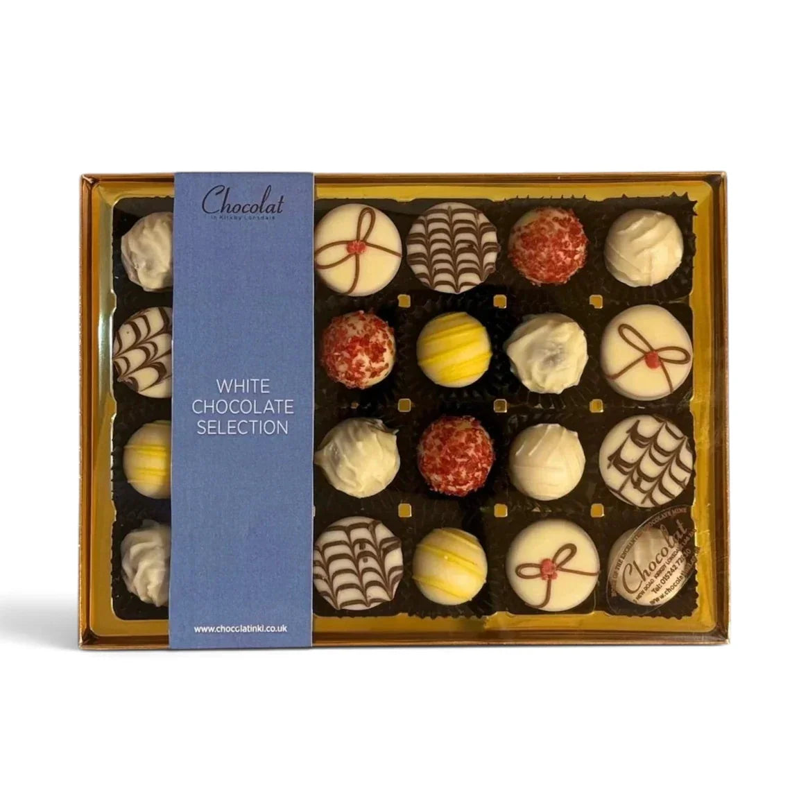 Chocolat in Kirkby Lonsdale gift box of 24 assorted white chocolate truffles with decorative patterns and textures.