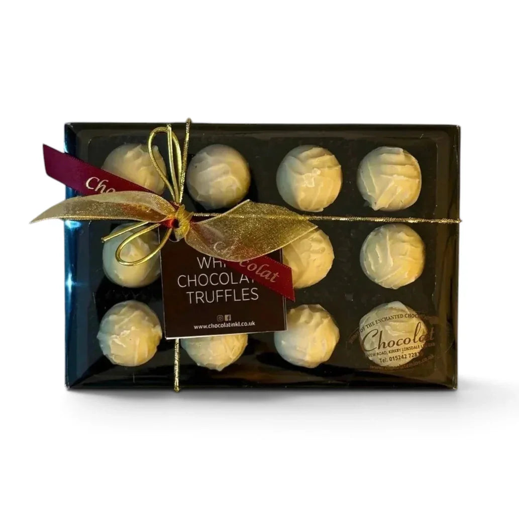 Chocolat in Kirkby Lonsdale gift box of 12 creamy white chocolate truffles with a decorative gold ribbon
